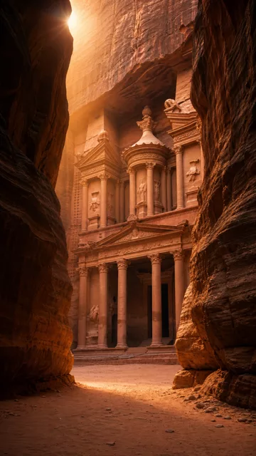 Frame of the finished video — the Treasury of Petra lit by golden-hour sun